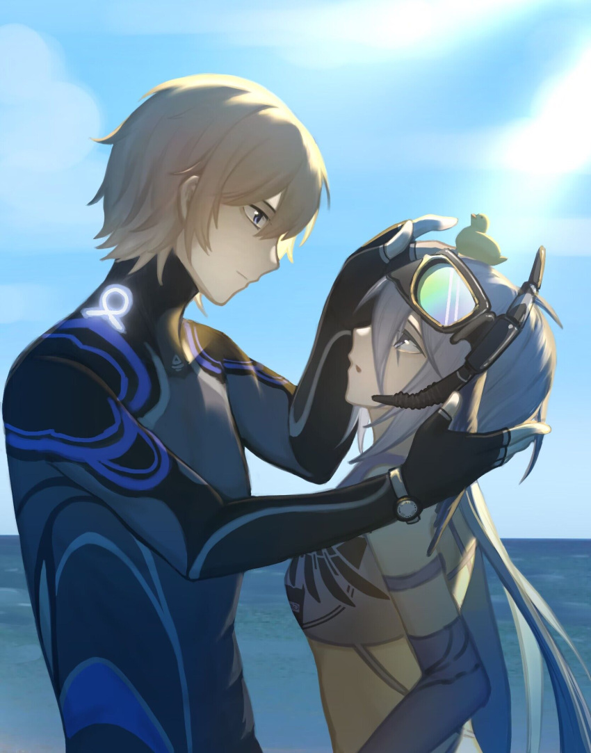 1boy 1girl black_wetsuit blonde_hair blue_eyes character_request closed_mouth elbow_gloves from_side gloves goggles goggles_on_head grey_eyes grey_gloves grey_hair grey_shirt hair_between_eyes hands_on_another's_face hands_on_another's_head highres horizon lee:_hyperreal_(punishing:_gray_raven) lee_(punishing:_gray_raven) long_hair looking_at_another midriff ocean parted_lips punishing:_gray_raven shanghanhanshang shirt short_hair sky sleeveless sleeveless_shirt snorkel watch watch