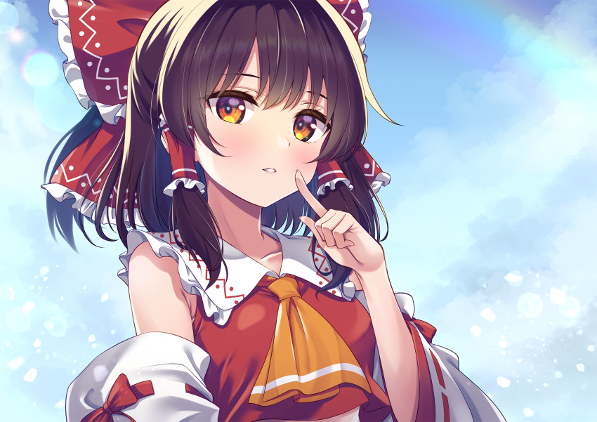 1girl ascot bare_shoulders blush bow brown_eyes brown_hair detached_sleeves hair_bow hair_tubes hakurei_reimu highres japanese_clothes looking_at_viewer medium_hair murasaki_atsushi nontraditional_miko open_mouth orange_ascot red_bow ribbon-trimmed_sleeves ribbon_trim sidelocks solo touhou upper_body white_sleeves wide_sleeves