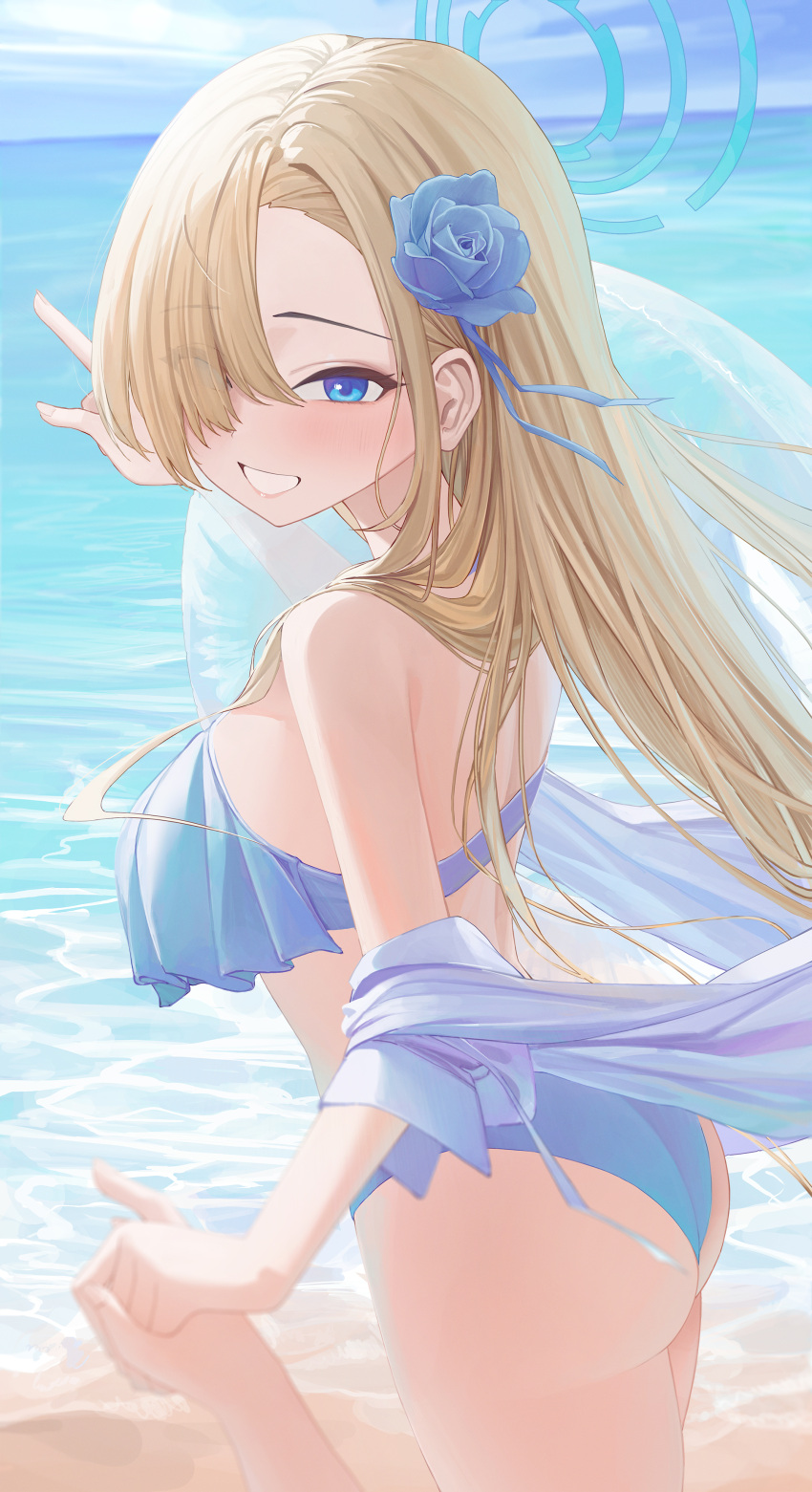 1boy 1girl absurdres ass asuna_(blue_archive) bare_shoulders beach bikini blonde_hair blue_archive blue_bikini blue_eyes blue_flower blue_rose blue_sky blush breasts day flower from_behind hair_flower hair_ornament hair_over_one_eye halo halterneck highres holding_hands large_breasts long_hair looking_at_viewer outdoors pointing pointing_forward rose sky smile starblue swimsuit very_long_hair water