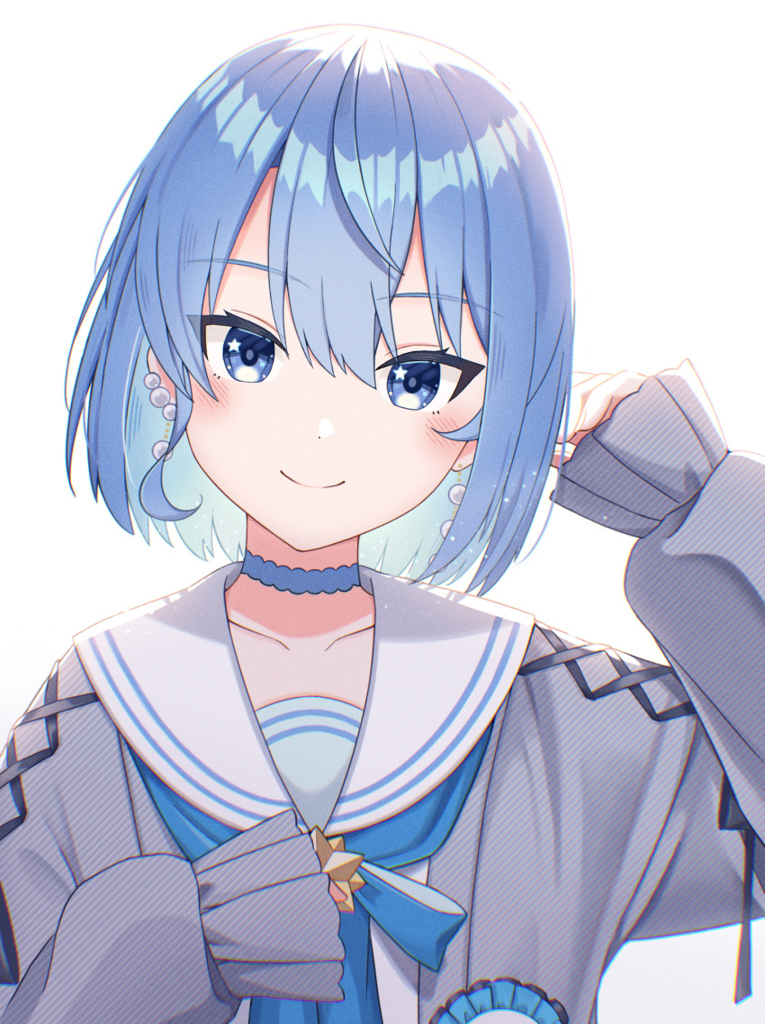 1girl apple_(zdj0266) aran_sweater blue_bow blue_bowtie blue_choker blue_eyes blue_hair blush bow bowtie cable_knit cardigan choker closed_mouth colored_inner_hair double-parted_bangs earrings grey_cardigan hair_between_eyes hand_up highres hololive hoshimachi_suisei hoshimachi_suisei_(4th_costume) jewelry looking_at_viewer multicolored_hair official_alternate_costume official_alternate_hair_length official_alternate_hairstyle pearl_earrings sailor_collar school_uniform serafuku shirt short_hair simple_background sleeves_past_fingers sleeves_past_wrists smile solo star_(symbol) star_in_eye sweater symbol_in_eye upper_body virtual_youtuber white_background white_sailor_collar white_serafuku white_shirt