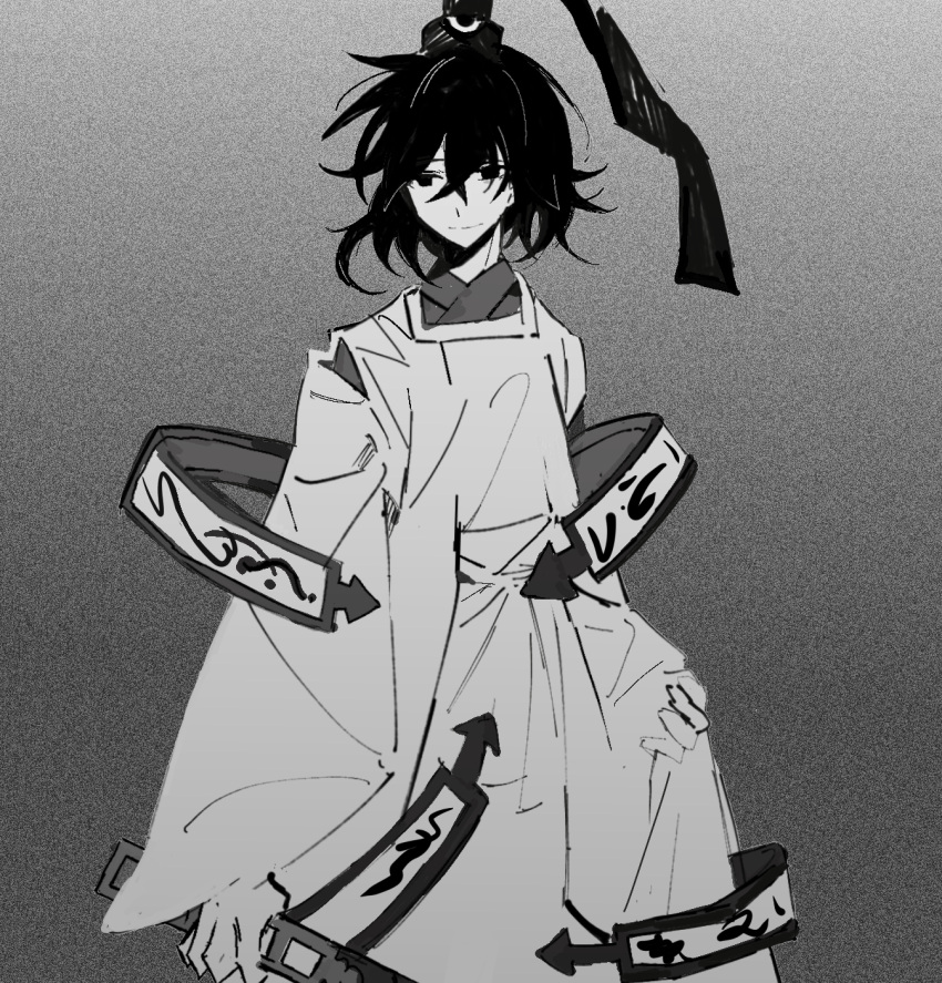 1other androgynous black_eyes black_hair chinese_commentary closed_mouth commentary_request detached_sleeves eye_of_senri eye_on_hat gradient_background greyscale half-closed_eyes hat hat_ribbon highres holding holding_weapon japanese_clothes kariginu kimono len'en long_sleeves monochrome ofuda ofuda_on_clothes ribbon senri_tsurubami short_hair smile upper_body weapon wide_sleeves youshiyu