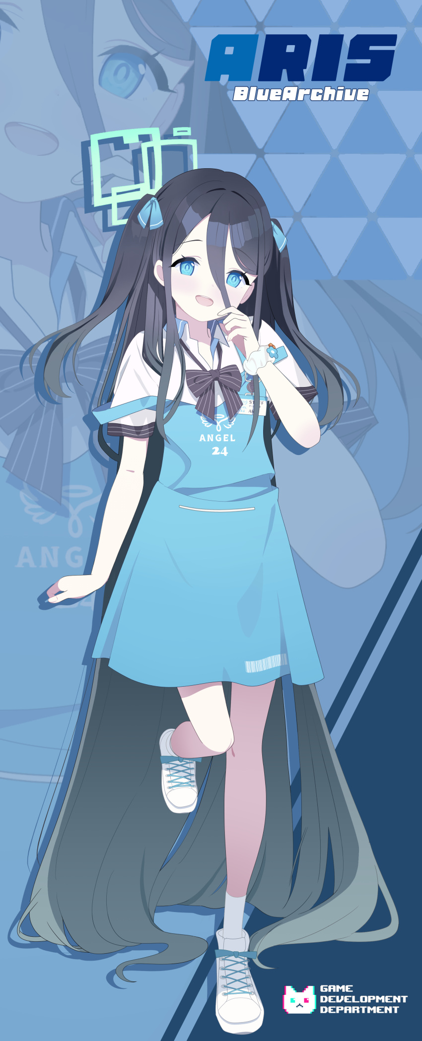 1girl absurdly_long_hair absurdres apron aqua_apron aris_(blue_archive) aventador black_hair blue_apron blue_archive blue_eyes bow bowtie cosplay green_halo hair_between_eyes halo highres long_hair open_mouth ringed_eyes scrunchie short_sleeves sora_(blue_archive) sora_(blue_archive)_(cosplay) striped striped_bow striped_bowtie two_side_up very_long_hair white_footwear white_scrunchie wrist_scrunchie
