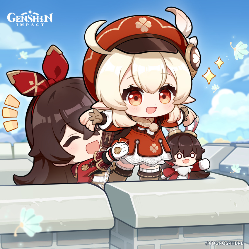 2girls absurdres amber_(genshin_impact) backpack bag baron_bunny_(genshin_impact) blue_sky boots brown_gloves brown_hair cabbie_hat chibi closed_eyes clouds copyright_name crossed_bangs day dot_nose dress english_commentary female_child genshin_impact gloves hair_between_eyes hair_ribbon hat highres klee_(genshin_impact) long_sleeves low_twintails multiple_girls official_art open_mouth outdoors outstretched_arms pointy_ears red_dress red_eyes red_headwear red_ribbon ribbon sky smile sparkle spread_arms standing twintails