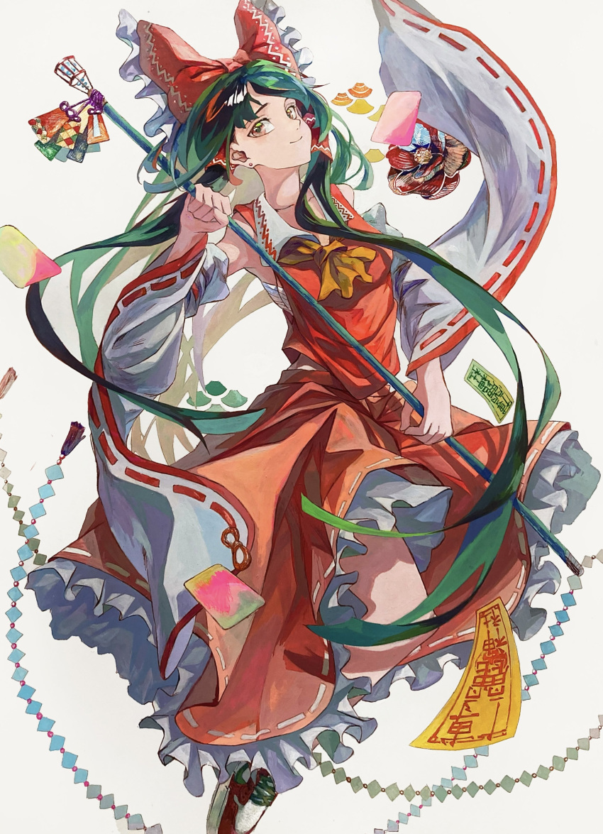 1girl absurdres ascot bow closed_mouth collared_vest commentary_request detached_sleeves frilled_bow frills full_body gohei green_hair hair_bow hair_tubes hakurei_reimu highres holding holding_gohei long_hair looking_at_viewer ofuda orange_eyes petticoat red_bow red_skirt red_vest ribbon_trim sarashi shide shoes skirt smile solo talisman touhou traditional_media uten_kkk very_long_hair vest white_background white_sleeves wide_sleeves yellow_ascot