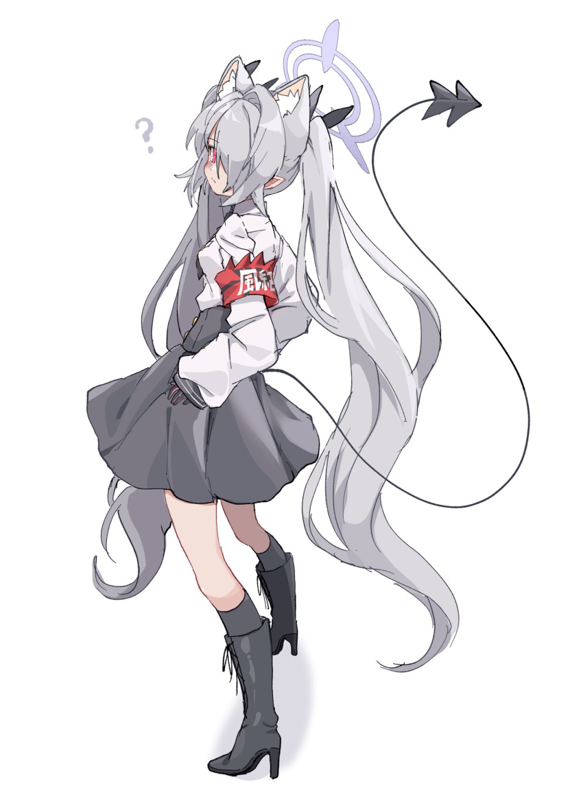 1girl ? animal_ear_fluff animal_ears armband asymmetrical_bangs black_footwear black_skirt black_socks black_tail blue_archive boots collared_shirt commentary demon_tail from_side gloves grey_hair hair_over_one_eye halo hands_on_own_hips highres iori_(blue_archive) kemonomimi_mode kneehighs long_sleeves looking_at_viewer pink_eyes pointy_ears red_armband sentouryoku_5 shirt shirt_tucked_in skirt sleeves_past_wrists socks solo standing symbol-only_commentary tail twintails white_shirt