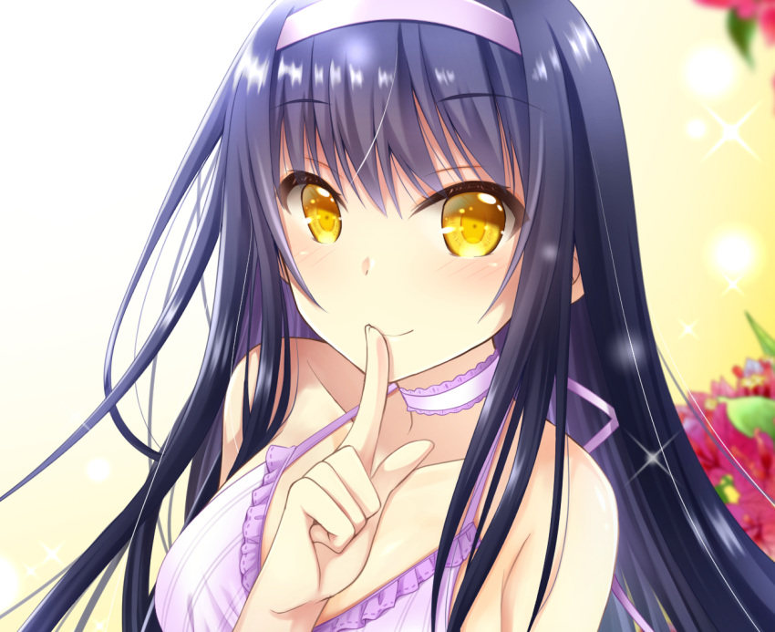 1girl bare_shoulders bikini black_hair blurry blurry_background blush breasts chibinon choker close-up closed_mouth collarbone commentary_request eyelashes eyes_visible_through_hair finger_to_mouth flower frilled_bikini frilled_choker frills hair_between_eyes hairband halterneck index_finger_raised kushima_kamome large_breasts long_hair looking_at_viewer pink_hairband purple_bikini red_flower shushing sidelocks simple_background smile solo sparkle straight_hair summer_pockets swimsuit very_long_hair white_choker yellow_background yellow_eyes