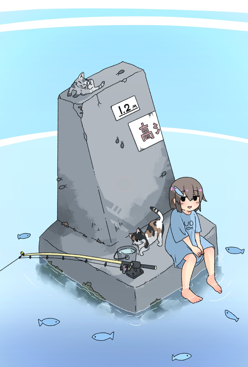 1girl absurdres arms_between_legs barefoot black_eyes blue_background blue_shirt brown_hair bucket bug calico cat commentary fish fish_hair_ornament fishing_rod from_above hair_ornament highres isometric jitome kani_aji kani_aji-chan levee looking_at_viewer looking_up no_pants no_pupils no_sclera open_mouth original oversized_clothes oversized_shirt print_shirt raised_eyebrows ripples shirt short_hair short_sleeves sign sitting smile soaking_feet solo translation_request v_arms water