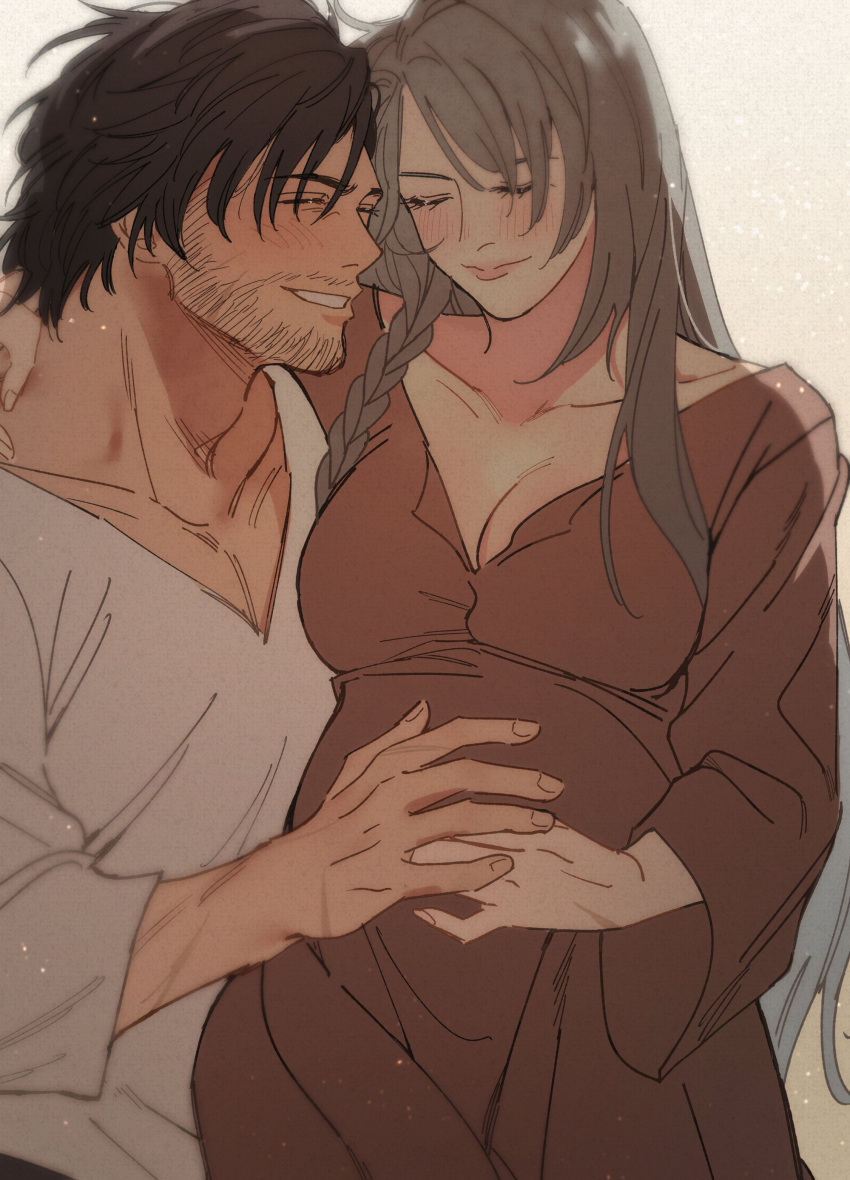 1boy 1girl absurdres black_hair blush braid breasts clive_rosfield closed_eyes couple doopee205 final_fantasy final_fantasy_xvi grey_hair hand_on_own_stomach happy happy_tears highres hug husband_and_wife jill_warrick large_breasts long_hair muscular muscular_male pregnant shirt simple_background smile tears very_long_hair white_shirt