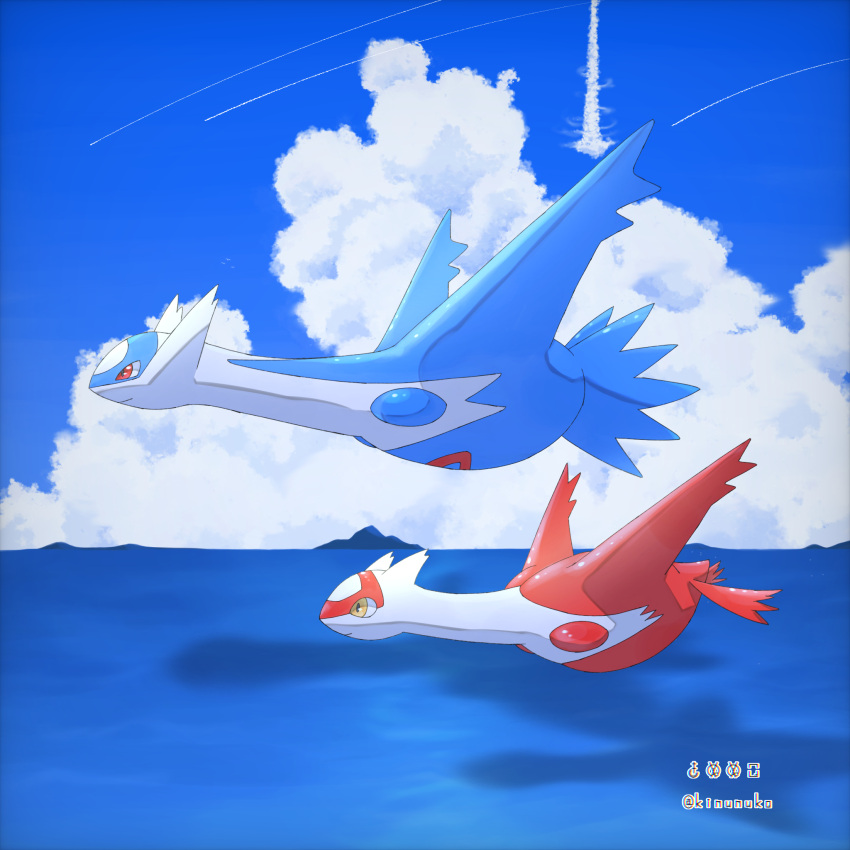 animal_focus artist_name blue_background blue_sky blue_theme closed_mouth clouds commentary_request day flying from_side full_body fushigi_no_dungeon highres horizon kinunuko latias latios looking_to_the_side no_humans ocean outdoors partial_commentary pokemon pokemon_(creature) pokemon_(game) pokemon_mystery_dungeon profile red_eyes shooting_star simple_bird sky sky_tower_(pokemon) twitter_username watermark yellow_eyes