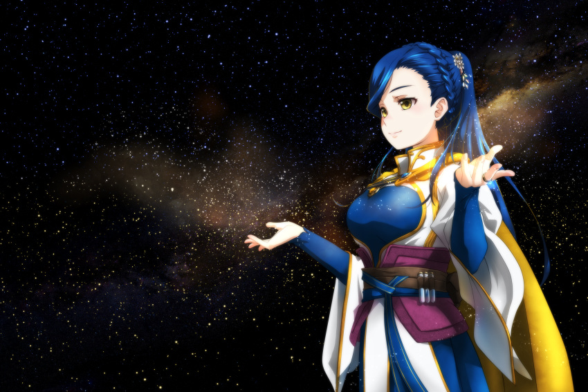 1girl aged_up arms_up asymmetrical_bangs blue_hair braid breasts cape collared_dress crown_braid dress genya_(genya67) gold_cape hair_ornament highres honzuki_no_gekokujou jewelry long_hair maine_(honzuki_no_gekokujou) medium_breasts nebula ponytail ring sky sleeves_past_wrists smile solo star_(sky) starry_sky test_tube yellow_eyes