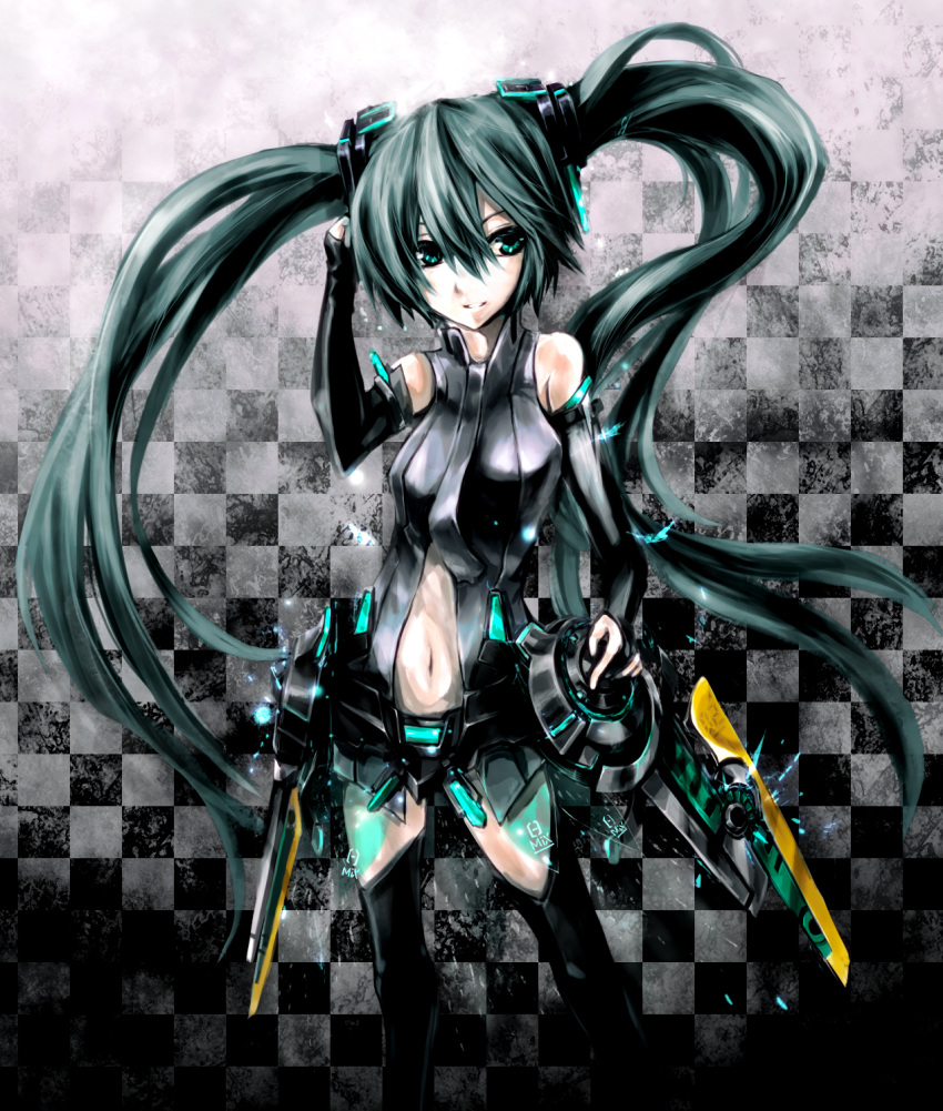 checkered checkered_background green_eyes green_hair hatsune_miku hatsune_miku_(append) highres long_hair miku_append navel necktie thigh-highs thighhighs twintails very_long_hair vocaloid vocaloid_append yato