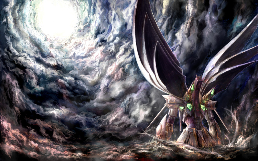 bad_id cloud cybuster epic from_behind highres intuos9 mecha sky solo super_robot_wars super_robot_wars_the_lord_of_elemental wallpaper wings