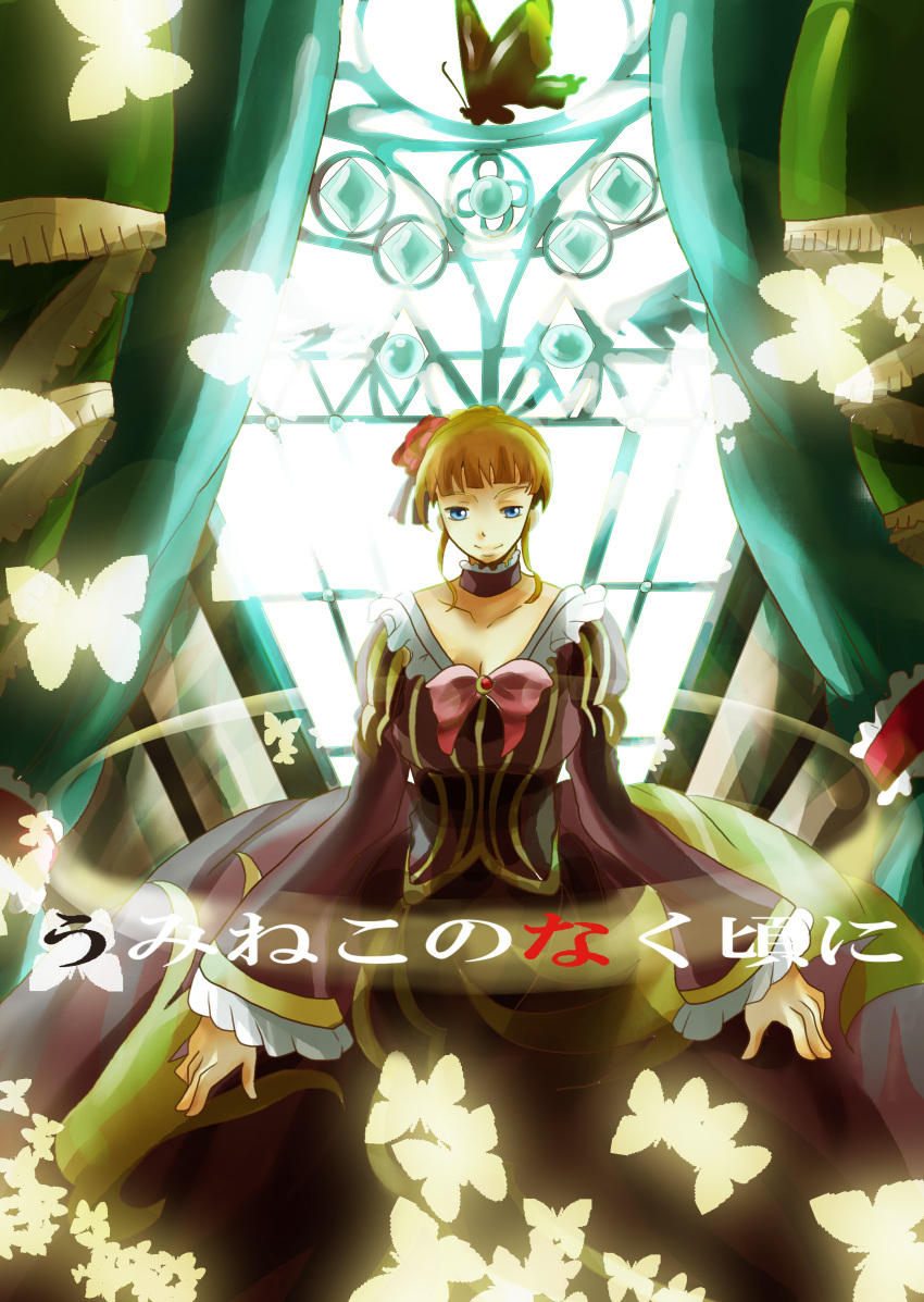absurdres beatrice blonde_hair blue_eyes bow breasts butterfly choker cleavage curtains dress flower hair_flower hair_ornament highres large_breasts rio_(e2759) rose solo umineko_no_naku_koro_ni