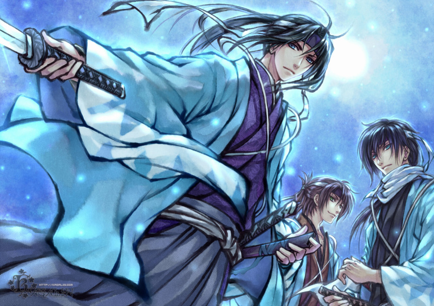 hakama hakuouki_shinsengumi_kitan haori headband hijikata_toshizou_(hakuouki) hijitaka_toshizou japanese_clothes kaga kimono male multiple_boys okita_souji_(hakuouki) saitou_hajime_(hakuouki)