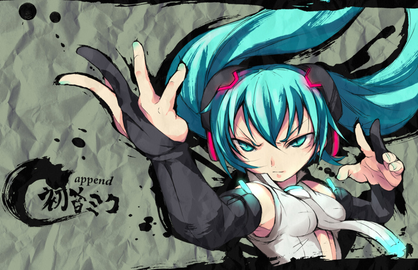 angry aqua_eyes aqua_hair bad_id bridal_gauntlets fighting_stance foreshortening hands hatsune_miku hatsune_miku_(append) imazon ink long_hair miku_append nail_polish necktie parody solo street_fighter street_fighter_iv twintails vocaloid vocaloid_append
