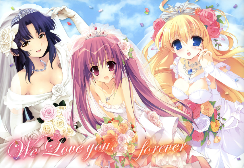 :d absurdres bad_hands black_hair blonde_hair bouquet breasts bride cleavage collaboration copyright_request dress english flat_chest flower gloves highres holding jewelry karory kazuma_muramasa large_breasts long_hair multiple_girls necklace open_mouth pink_eyes pink_hair scanning_dust smile twintails wedding wedding_dress yellow_eyes youta