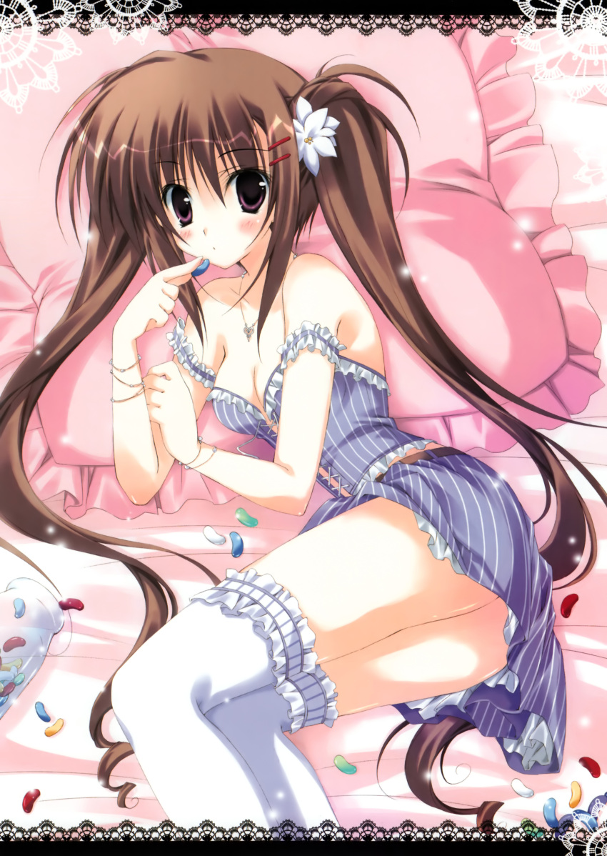 bare_shoulders bracelet breasts brown_hair candy cleavage dress flower garters hair_flower hair_ornament hairclip highres jar jelly_bean jelly_beans jewelry korie_riko long_hair necklace off_shoulder purple_eyes striped thigh-highs thighhighs twintails very_long_hair violet_eyes white_legwear white_thighhighs