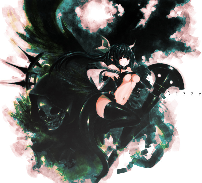 bare_shoulders black_hair bow breasts choker detached_sleeves dizzy feathers guilty_gear hair_bow highres long_hair navel necro omega.ep red_eyes ribbon skull solo tail thighhighs under_boob underboob wings