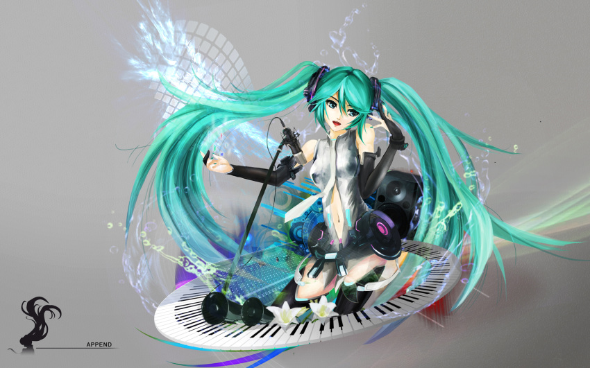 aqua_hair blue_eyes bridal_gauntlets flower hatsune_miku hatsune_miku_(append) highres long_hair microphone microphone_stand miku_append navel necktie open_mouth piano_keys solo speaker thigh-highs thighhighs twintails ushas very_long_hair vocaloid vocaloid_append wallpaper