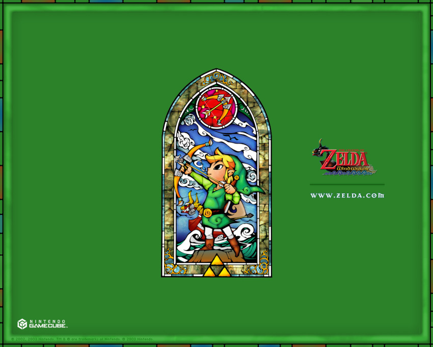 arrow belt black_eyes blonde_hair boots bow_(weapon) clouds hat link nintendo ocean official_art pointy_ears sailboat sky solo stained_glass the_legend_of_zelda toon_link wallpaper watermark weapon wind_waker