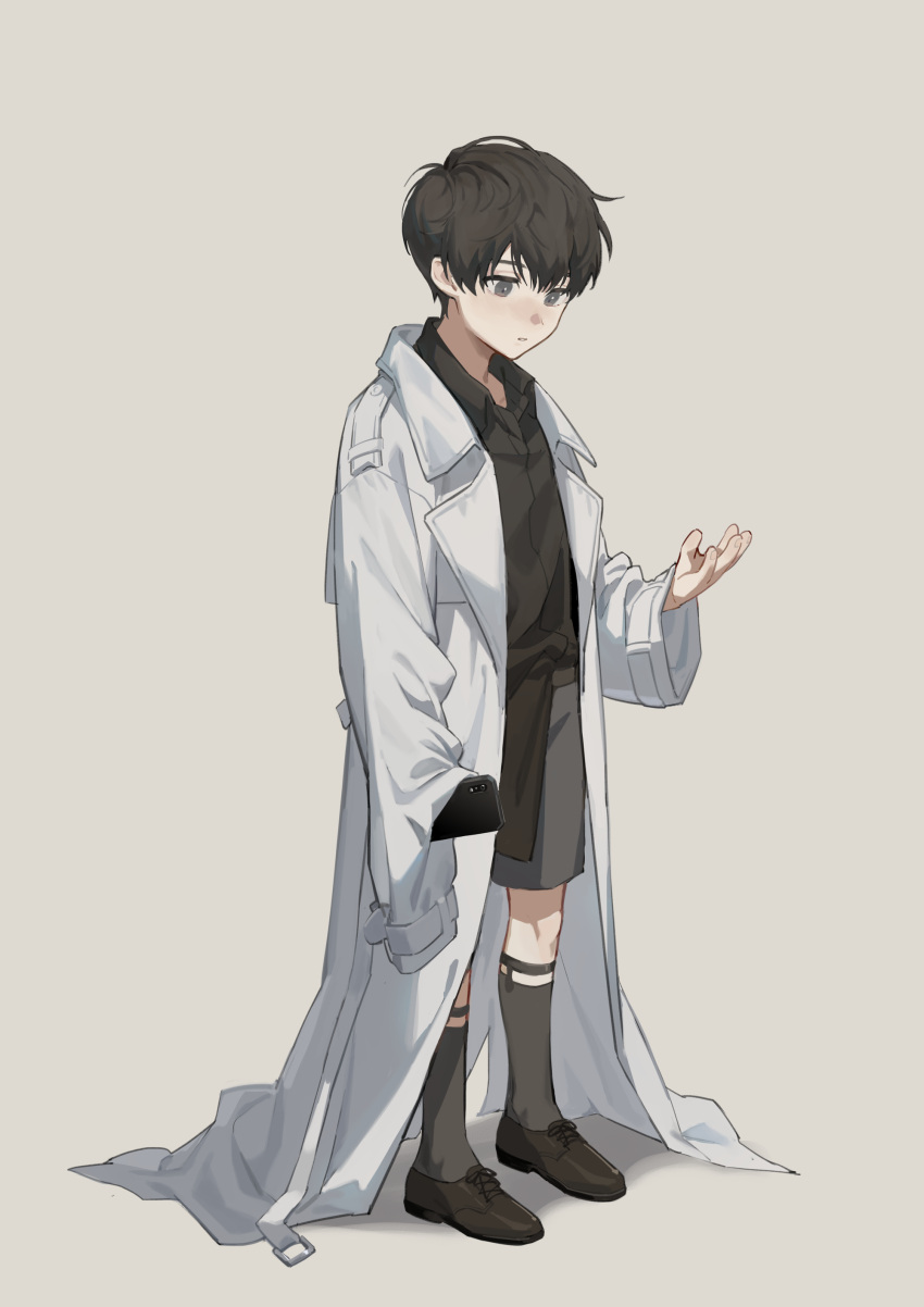 1boy absurdres aged_down akabane_yu black_footwear black_hair black_shirt cellphone character_request child collared_shirt dress_shirt grey_background grey_shorts grey_socks hand_up highres holding holding_phone kneehighs legwear_garter long_sleeves looking_at_hand looking_at_viewer looking_down male_child male_focus omniscient_reader's_viewpoint oversized_clothes phone shirt shirt_partially_tucked_in shorts simple_background sleeves_past_fingers sleeves_past_wrists socks solo standing