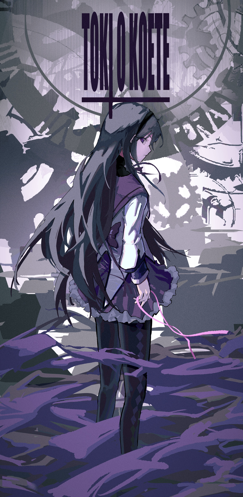 1girl absurdres akemi_homura black_hair black_hairband black_pantyhose closed_mouth commentary_request file full_body hairband highres holding long_hair long_sleeves looking_at_viewer looking_back mahou_shoujo_madoka_magica mala_tutou pantyhose partial_commentary pleated_skirt purple_skirt skirt solo standing violet_eyes