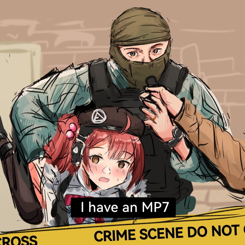 1boy 1girl 1other @_@ absurdres balaclava beret black_headwear black_pantyhose blue_shirt blush body_armor bow bowtie brown_eyes carrying carrying_person carrying_under_arm caution_tape collared_shirt crime_scene eyelashes girls_frontline hair_ornament hand_up hat headphones highres holding interview long_sleeves looking_at_viewer microphone mp7_(girls'_frontline) one_side_up open_mouth out_of_frame outdoors pantyhose parted_bangs plate_carrier real_life red_bow red_bowtie redhead rennn_(ilobeste) shirt sidelocks sketch subtitled sweatdrop watch watch wavy_mouth white_shirt