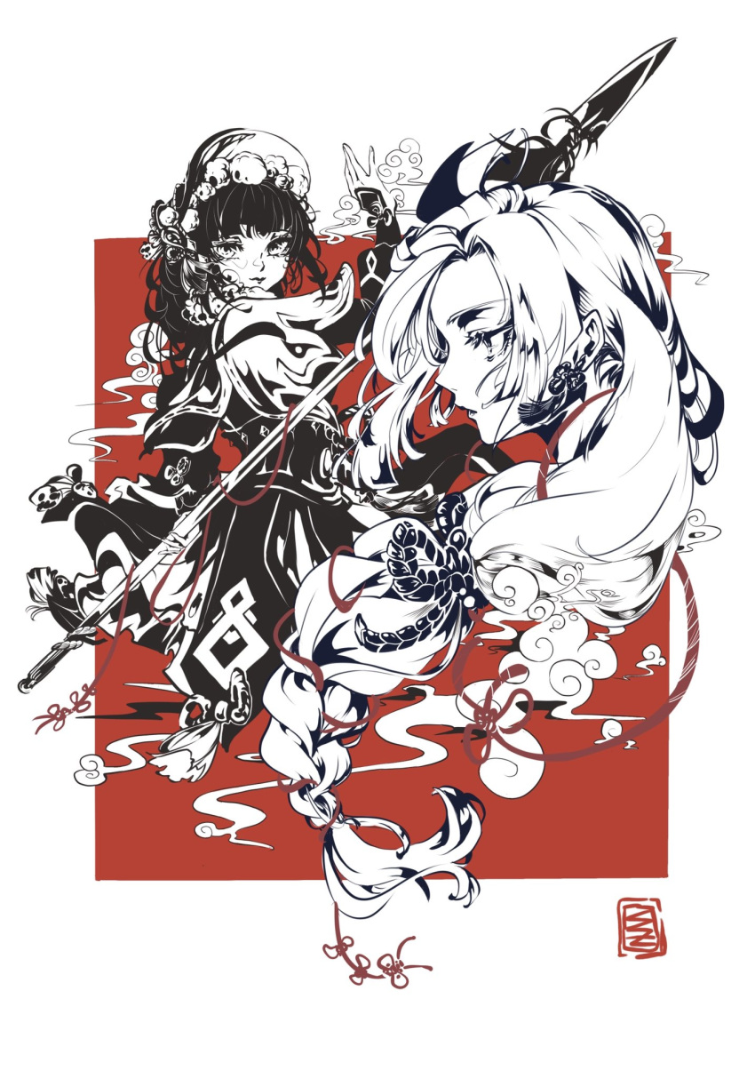 2girls bonnet border braid clouds dress earrings english_commentary expressionless frogoutofwell genshin_impact greyscale_with_colored_background hair_behind_ear highres holding holding_pole holding_weapon jewelry looking_ahead looking_at_viewer multiple_girls open_hand pole polearm profile red_background shenhe_(genshin_impact) smile spear spot_color weapon white_border yun_jin_(genshin_impact)