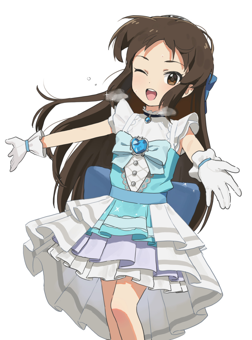 1girl :d blue_bow blue_bowtie blue_dress bow bowtie breath brooch brown_eyes brown_hair dot_nose double-parted_bangs dress feet_out_of_frame flat_chest forehead gloves hair_bow high-low_skirt highres idolmaster idolmaster_cinderella_girls jewelry layered_dress legs_together long_hair looking_at_viewer one_eye_closed open_mouth outstretched_arms parted_bangs pleated_dress sidelocks simple_background sleeveless sleeveless_dress smile solo some1else45 straight_hair tachibana_arisu teeth upper_teeth_only white_background white_gloves