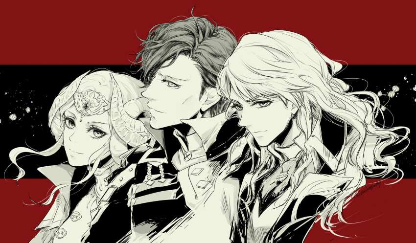 1girl 2boys black_background crown edelgard_von_hresvelg ferdinand_von_aegir fire_emblem fire_emblem:_three_houses hair_rings highres horn_ornament horns hubert_von_vestra long_hair looking_at_viewer monochrome multicolored_background multiple_boys red_background short_hair smile umi_(_oneinchswing) upper_body