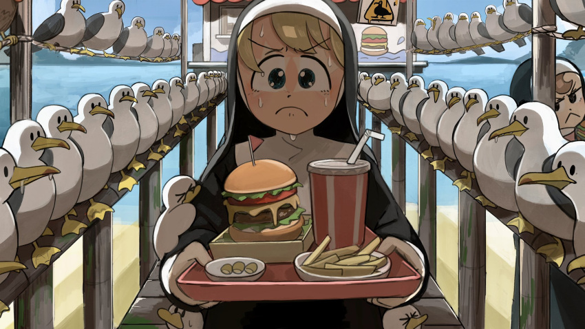 &gt;_&lt; 2girls :&lt; bird blonde_hair blue_eyes brown_hair burger catholic chicken clumsy_nun_(diva) corn diva_(hyxpk) drooling duck english_commentary food french_fries froggy_nun_(diva) frown habit highres holding holding_tray little_nuns_(diva) multiple_girls nervous_sweating nun odd_one_out seagull sweat traditional_nun tray walking