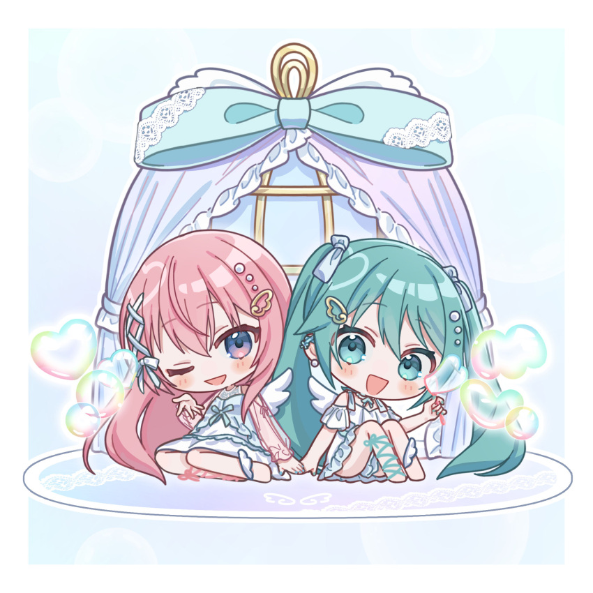 2girls :d aqua_eyes aqua_hair arm_at_side bare_shoulders barefoot blue_background blue_eyes blue_ribbon blush_stickers border bubble bubble_wand chibi commentary curtains dress earrings english_commentary frilled_dress frills hair_between_eyes hair_ornament hairclip hand_up hatsune_miku highres jewelry knees_up long_hair megurine_luka mixed-language_commentary multiple_girls neck_ribbon off-shoulder_dress off_shoulder one_eye_closed open_mouth pearl_earrings pink_hair raised_eyebrows ribbon short_dress short_sleeves sidelocks simple_background sitting sleeveless sleeveless_dress smile straight_hair twintails vocaloid vs0mr white_border white_dress window x_hair_ornament