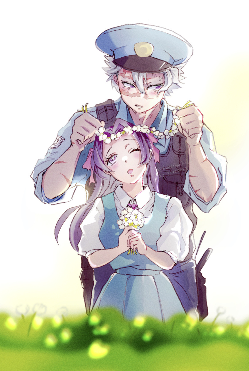 1boy 1girl anger_vein belt blue_skirt blue_vest blush collared_shirt commentary_request dated flower flower_wreath hair_ribbon hat height_difference highres holding holding_flower kimetsu_no_yaiba kochou_kanae neck_ribbon one_eye_closed open_mouth parted_bangs pleated_skirt police police_badge police_hat police_uniform puffy_short_sleeves puffy_sleeves purple_hair red_ribbon ribbon scar scar_on_arm scar_on_face scar_on_forehead school_uniform shinazugawa_sanemi shirt short_sleeves shy skirt twitter_username uniform user_gdxy2288 utility_belt vest violet_eyes white_hair wing_collar