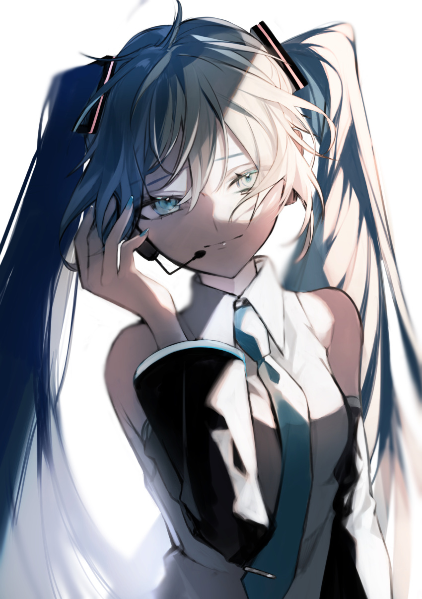 1girl absurdres adjusting_clothes adjusting_headwear ahoge arm_at_side bare_shoulders black_sleeves blue_eyes blue_hair blue_necktie breasts closed_mouth collared_shirt detached_sleeves hair_between_eyes hand_up hatsune_miku headset highres long_hair long_sleeves looking_at_viewer microphone necktie shirt sidelocks simple_background sleeveless sleeveless_shirt small_breasts smile solo tie_clip twintails un_known9999 upper_body very_long_hair vocaloid white_background white_shirt