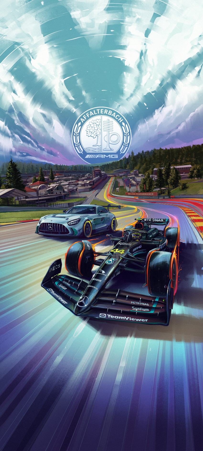 1boy absurdres andrew_mytro car circuit_de_spa-francorchamps clouds english_commentary formula_one helmet highres lewis_hamilton light_trail logo mercedes-benz mercedes-benz_amg_gt motion_blur motor_vehicle official_art promotional_art race_vehicle racecar racetrack real_life real_world_location sky spoiler_(automobile) tree vehicle_focus