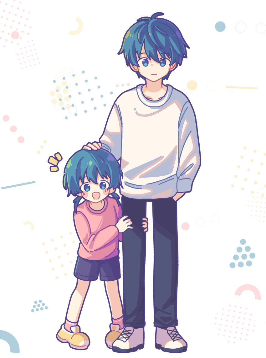 1boy 1girl :d absurdres antenna_hair black_pants black_shorts blue_eyes blue_hair blush_stickers closed_mouth father_and_daughter female_child hair_between_eyes hand_on_another's_head highres idoly_pride kabotd long_sleeves looking_at_viewer low_twintails notice_lines okuyama_sumire open_mouth pants pink_shirt raised_eyebrows shirt shoes short_hair shorts sidelocks simple_background smile sneakers straight-on teeth twintails upper_teeth_only white_background white_footwear white_shirt yellow_footwear