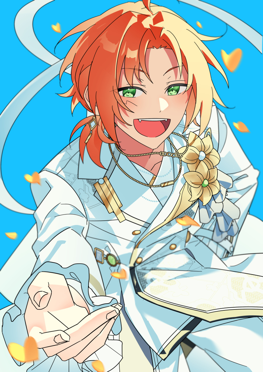1boy absurdres blue_background buttons commentary earrings ensemble_stars! fangs fingernails flower gold_necklace green_eyes heidbd highres jewelry lapels long_hair long_sleeves looking_at_viewer male_focus necklace notched_lapels open_mouth orange_hair outstretched_hand single_earring solo teeth tsukinaga_leo upper_body upper_teeth_only