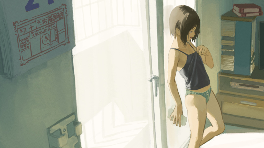 1girl balcony black_hair blue_camisole book bookshelf calendar_(object) camisole day glass_door green_panties hand_on_own_chest indoors leaning_on_object original others_(gogo-o) panties short_hair sliding_doors solo spaghetti_strap underwear