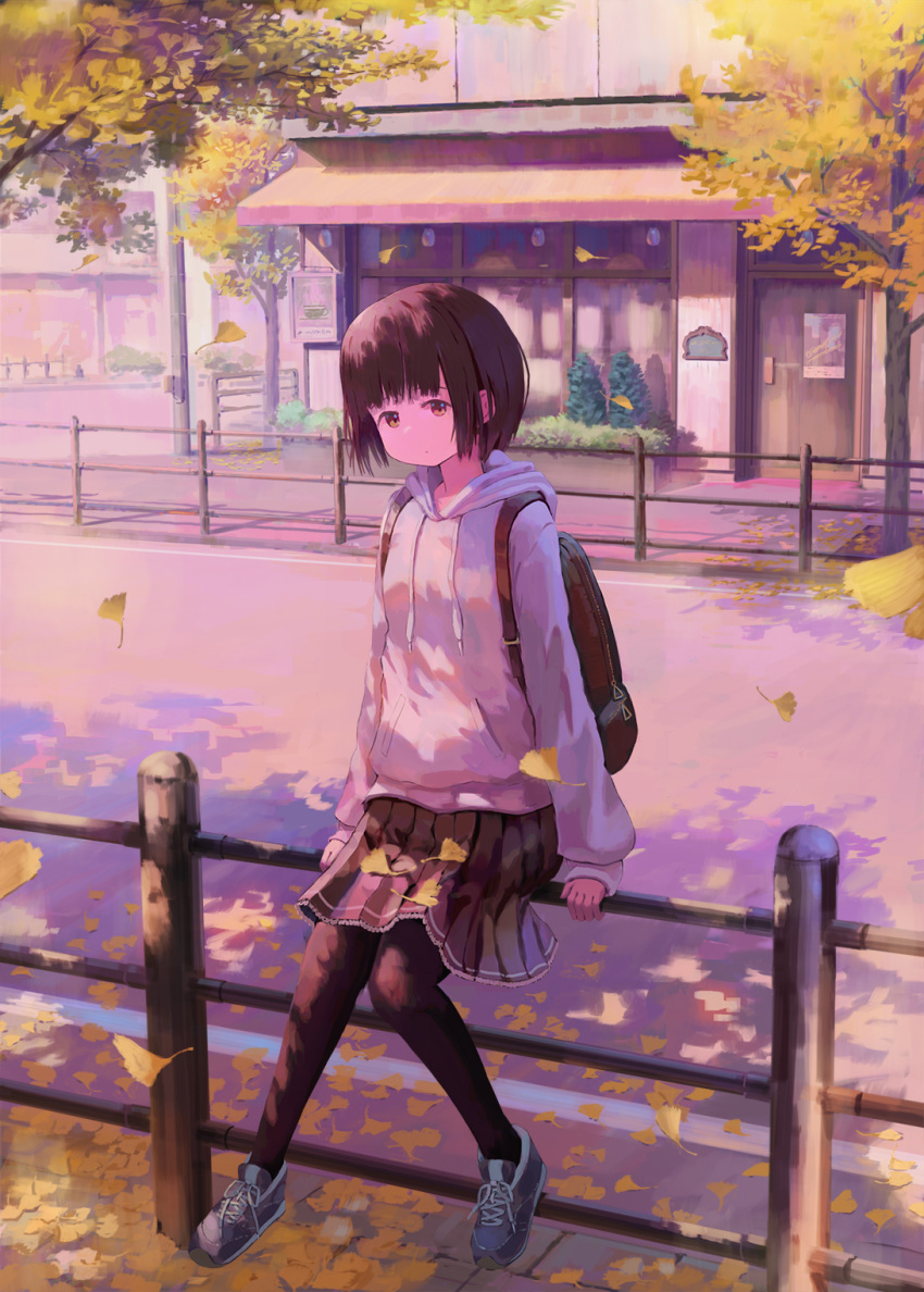 1girl backpack bag black_skirt brown_eyes brown_hair building commentary_request dappled_sunlight day feel_(nasitaki) highres hood hoodie looking_at_viewer on_railing original outdoors pantyhose pleated_skirt railing revision road scenery shoes skirt sneakers solo street sunlight sweater white_hoodie