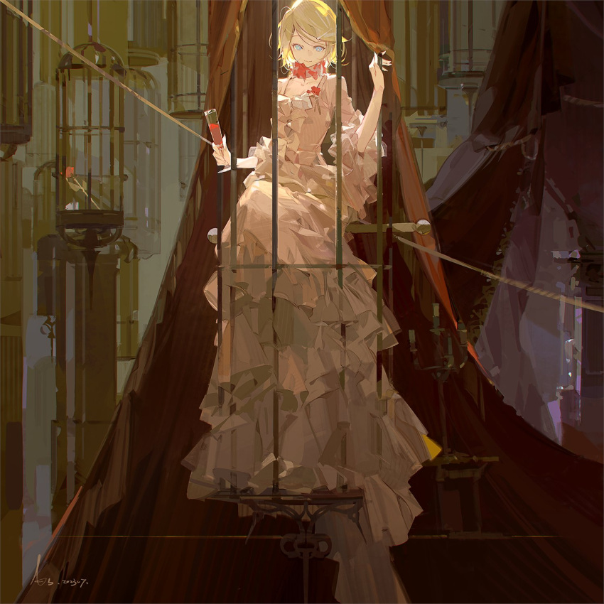 1girl a-shacho aku_no_musume_(vocaloid) alcohol birdcage blonde_hair blue_eyes cage candle candlestand closed_mouth cup curtains dress drinking_glass evillious_nendaiki flower frilled_dress frills full_body hair_ornament hairclip hands_up highres holding holding_cup in_cage indoors kagamine_rin long_sleeves looking_at_viewer petals pink_dress red_flower red_rose riliane_lucifen_d'autriche rose short_hair sitting smile solo string swept_bangs vocaloid wine
