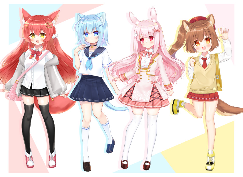 4girls :d animal_ear_fluff animal_ears arm_up backpack bag bell beret black_choker black_footwear black_skirt black_thighhighs blue_eyes blue_hair blue_neckerchief blue_sailor_collar blue_skirt blush bow breasts brown_eyes brown_footwear brown_hair cat_ears cat_girl cat_tail choker closed_mouth collared_shirt commentary_request dog_ears dog_girl dog_tail dress_shirt fox_ears fox_girl fox_tail grey_jacket hair_ornament hairclip hat highres jacket jingle_bell long_hair long_sleeves medium_breasts multiple_girls neck_bell neckerchief necktie off_shoulder open_clothes open_jacket original pink_hair pink_jacket pink_skirt plaid plaid_skirt pleated_skirt puffy_long_sleeves puffy_sleeves rabbit_ears red_bow red_eyes red_headwear red_necktie red_skirt redhead sailor_collar school_uniform serafuku shikito shirt shoes shoulder_bag side_ponytail skirt sleeves_past_wrists smile socks standing sweater_vest tail thigh-highs very_long_hair white_shirt white_socks white_thighhighs x_hair_ornament yellow_footwear