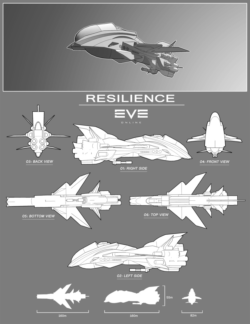 blueprint_(medium) caldari_state_(eve_online) commentary concept_art copyright_name eve_online frigate_(eve_online) from_side greyscale highres logo military_vehicle monochrome multiple_views no_humans original peterguzman reference_sheet science_fiction spacecraft thrusters vehicle_focus
