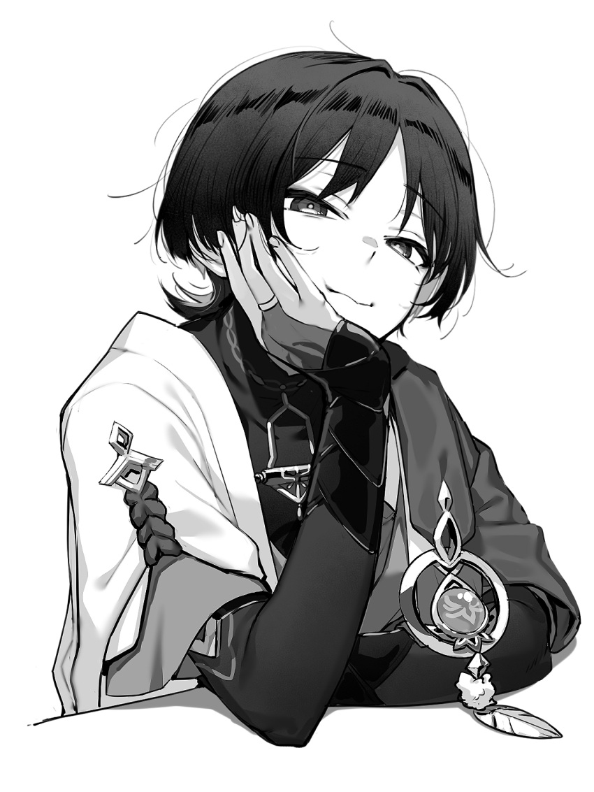 1boy arm_armor armor blunt_ends buku2_suisou cheek_rest closed_mouth elbow_rest feathers genshin_impact greyscale half-closed_eyes head_rest highres japanese_armor japanese_clothes kote kurokote looking_at_viewer male_focus mandarin_collar monochrome no_headwear scaramouche_(genshin_impact) short_hair simple_background smug solo upper_body vision_(genshin_impact) wanderer_(genshin_impact) white_background
