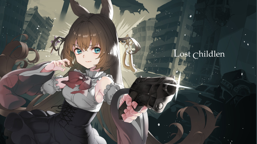 1girl aiming aiming_at_viewer animal_ears backlighting bare_shoulders blue_corset blue_eyes blue_skirt bow bowtie breasts brown_hair building claw_pose clenched_teeth commentary_request corset detached_sleeves diffraction_spikes dog_ears dog_girl english_text engrish_text frilled_shirt frilled_shirt_collar frills gun hair_ornament hair_ornament_request hair_stick handgun high-waist_skirt highres hirasaka_mei_(vtuber) holding holding_gun holding_weapon indie_virtual_youtuber light_particles long_hair looking_at_viewer motor_vehicle outstretched_arm pointing pointing_at_viewer pointing_weapon ranguage red_bow red_bowtie red_sleeves ruins shirt skirt sleeveless sleeveless_shirt solo teeth tenshu_(mighto) upper_body v-shaped_eyebrows very_long_hair virtual_youtuber weapon weapon_request white_shirt wide_sleeves