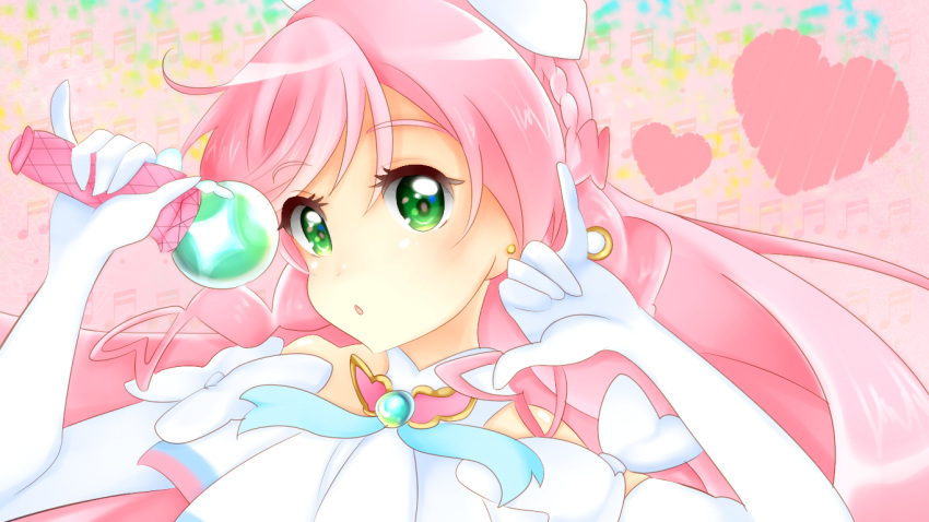 1girl :o \m/ beamed_eighth_notes bow braid brooch commentary cure_prism dress earrings elbow_gloves gloves green_eyes hair_bow heart hirogaru_sky!_precure holding jewelry long_hair looking_at_viewer magical_girl maki65 musical_note nijigaoka_mashiro open_mouth pink_hair pinky_out precure sky_mirage sleeveless sleeveless_dress solo white_dress white_gloves
