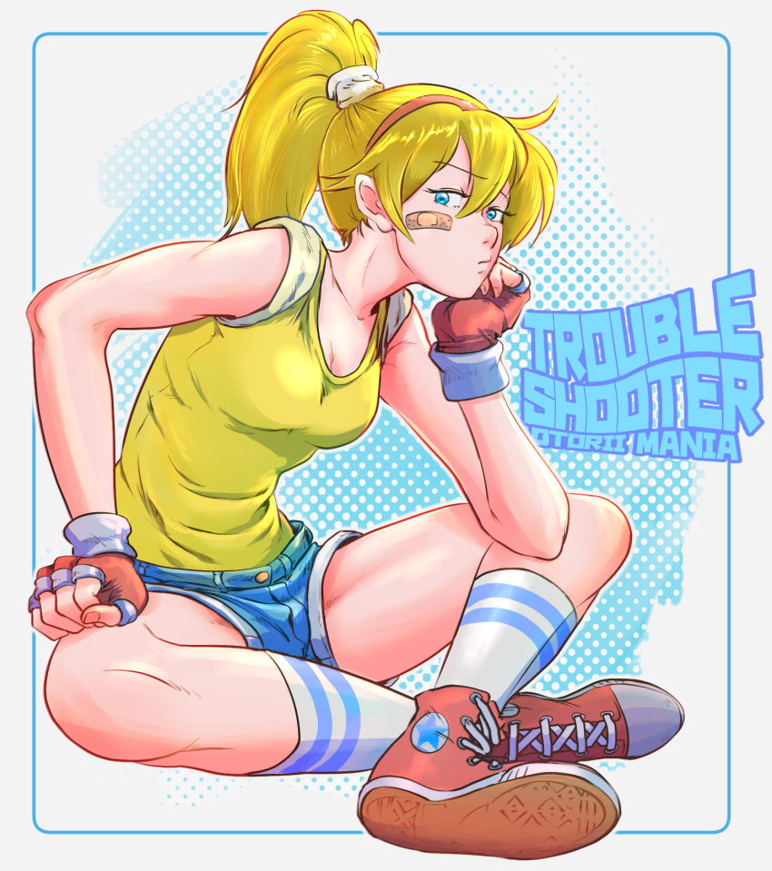 1girl bandaid bandaid_on_cheek bandaid_on_face battle_mania bb9_megadrive blue_shorts breasts character_name commentary_request denim denim_shorts fingerless_gloves gloves hairband head_rest high_ponytail highres indian_style kneehighs ootorii_mania red_hairband shoes short_shorts shorts sitting small_breasts sneakers socks solo tank_top tomboy yellow_tank_top