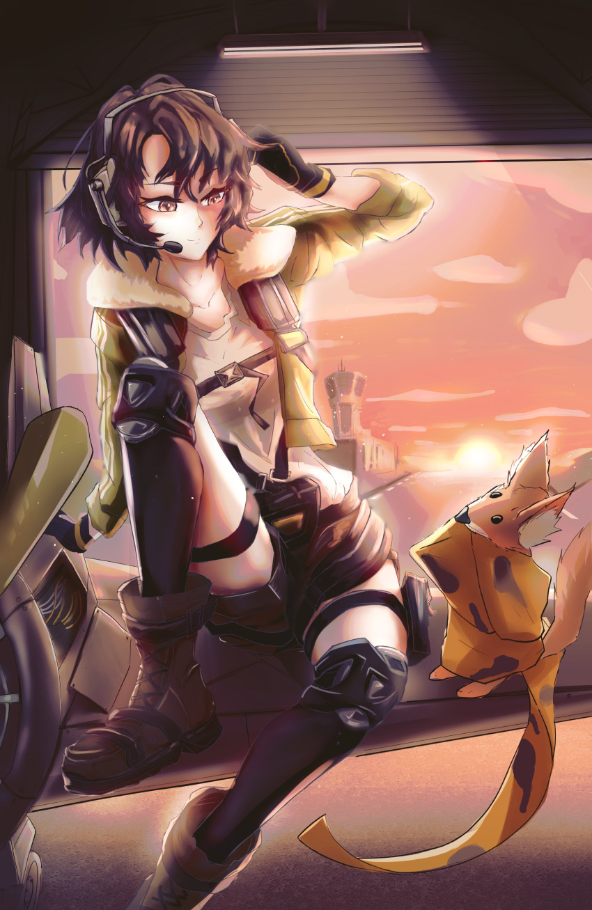 absurdres afuscorp aircraft airplane black_gloves bomber_jacket boots brown_footwear brown_hair clouds earhart_(neural_cloud) fox girls'_frontline_neural_cloud girls_frontline gloves green_jacket hand_on_headset hangar headset highres jacket orange_scarf propeller red_eyes runway scarf shirt shorts spotted_scarf striped striped_jacket sunset tower white_shirt wire