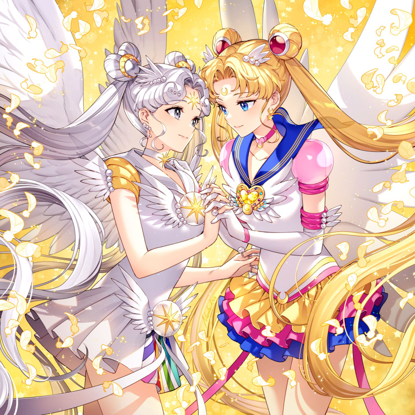 2girls bishoujo_senshi_sailor_moon blonde_hair blue_eyes blue_sailor_collar brooch closed_mouth collarbone commentary crescent crescent_earrings crescent_facial_mark double_bun dress earrings elbow_gloves facial_mark feathered_wings feathers forehead_mark frilled_dress frills gloves grey_choker grey_eyes grey_hair hair_bun hair_ornament heart heart_brooch heart_hair_bun heart_o-ring heart_ring_choker highres holding_hands interlocked_fingers jewelry long_hair looking_at_another magical_girl multiple_girls multiple_rings nardack parted_bangs pleated_dress ring sailor_collar sailor_cosmos sailor_moon sailor_senshi_uniform sidelocks standing star_(symbol) star_earrings star_facial_mark symbol-only_commentary tsukino_usagi twintails very_long_hair white_dress white_gloves wings