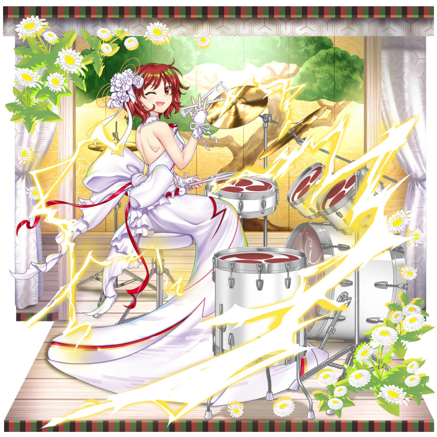 1girl ;d absurdres alternate_costume commentary curtains cymbals dress drum drum_set drumsticks english_commentary flower full_body hair_flower hair_ornament highres holding holding_drumsticks horikawa_raiko horikawa_raiko_(white_hybrid_drums) instrument lightning looking_at_viewer mitsudomoe_(shape) off-shoulder_dress off_shoulder one_eye_closed open_mouth red_eyes redhead rotte_(1109) second-party_source short_hair smile solo stage tomoe_(symbol) touhou touhou_lost_word wedding_dress white_dress white_flower