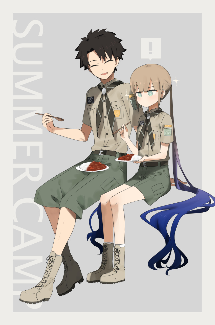 ! +_+ 2boys absurdres arm_support belt black_belt blue_hair blunt_bangs boots border boy_scout breast_pocket brown_hair brown_neckerchief captain_nemo_(fate) chaldea_logo closed_eyes collared_shirt commentary_request cosplay cross-laced_footwear curry curry_rice eating english_text facing_another facing_to_the_side fate/grand_order fate_(series) food fujimaru_ritsuka_(male) fujimaru_ritsuka_(male)_(chaldea_pathfinder) fujimaru_ritsuka_(male)_(chaldea_pathfinder)_(cosplay) full_mouth gradient_hair green_eyes green_shorts grey_background hand_up highres holding holding_plate holding_spoon invisible_chair long_hair low_twintails matching_outfits multicolored_hair multiple_boys ne_f_g_o neckerchief nemo_(fate) outside_border patch plate pocket rice shirt shirt_tucked_in short_sleeves shorts shoulder_patch sitting smile socks sparkle spoken_exclamation_mark spoon twintails very_long_hair white_border white_socks